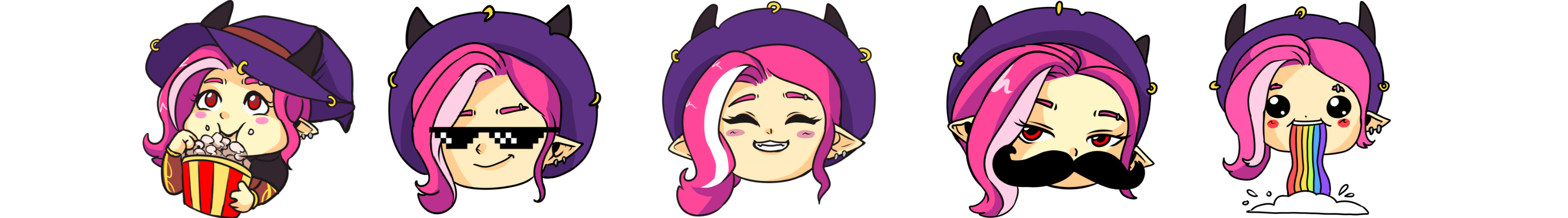 Untitled 5 emojis of a pink haired female mascot for CrashGem TTRPGs